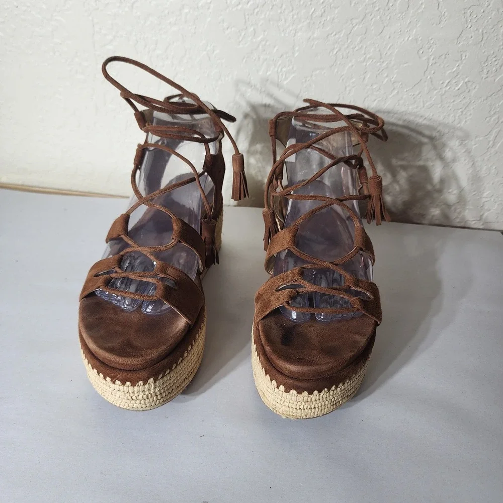 Stuart Weitzman Brown Suede Lace Up Espadrille Platform Sandals Tassel  8M